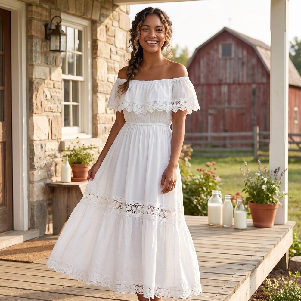 Crochet Lace Trim Maxi Dress Womens XS White Boho Cottagecore Peasant Milkmaid